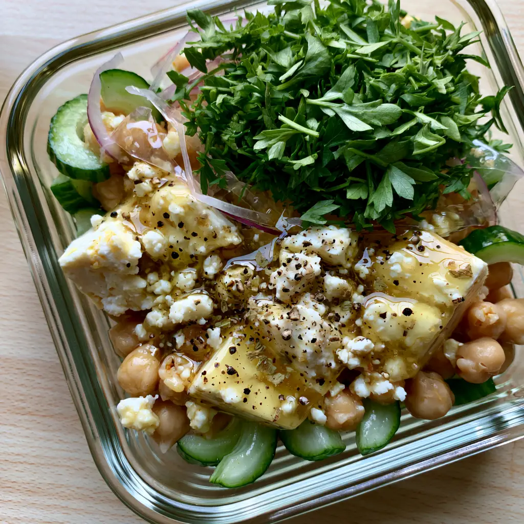 Chilled and damp chickpea cucumber feta salad inside a glass container on a light wood background.