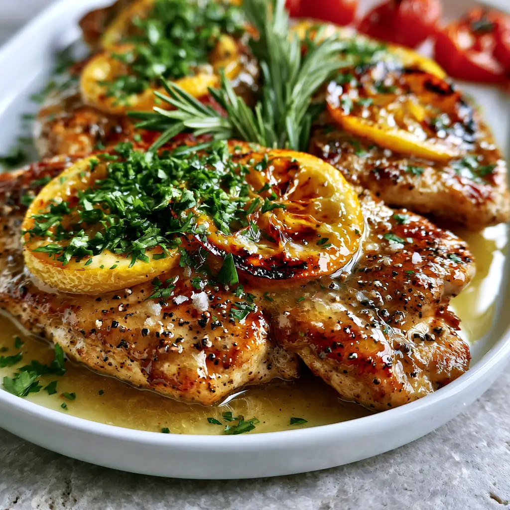 Sizzling chicken in a skillet with caramelized lemons and woodsy rosemary sprigs. (summer chicken recipes)