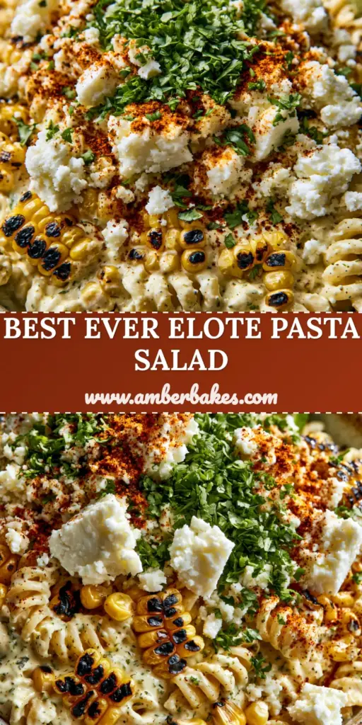 A top-down shot of Elote pasta salad in a rustic ceramic bowl with charred corn, large feta crumbles, and lime-cilantro dressing.