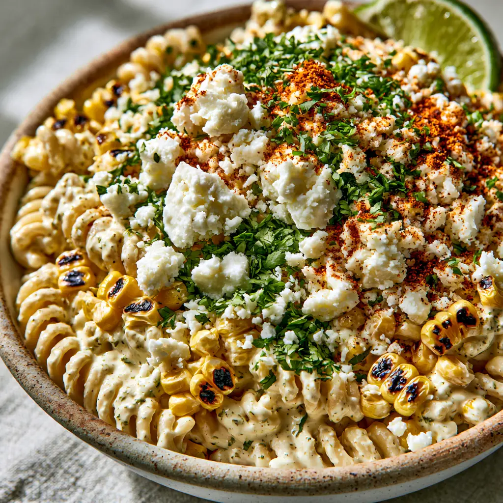 A rustic bowl of Elote pasta salad topped with bright white feta chunks and reddish-orange tajin seasoning.