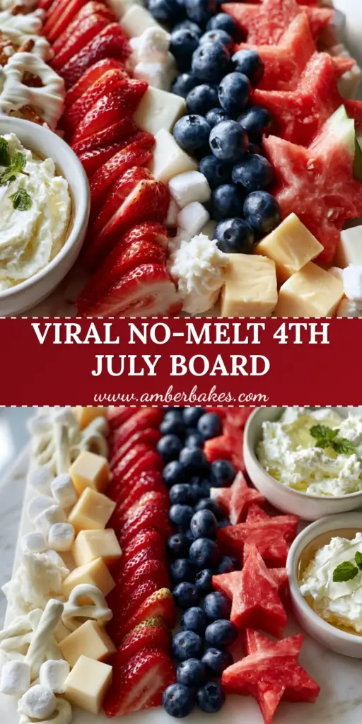 A vibrant red, white, and blue fruit charcuterie board with star-shaped watermelon and whipped feta. (4th of july food)