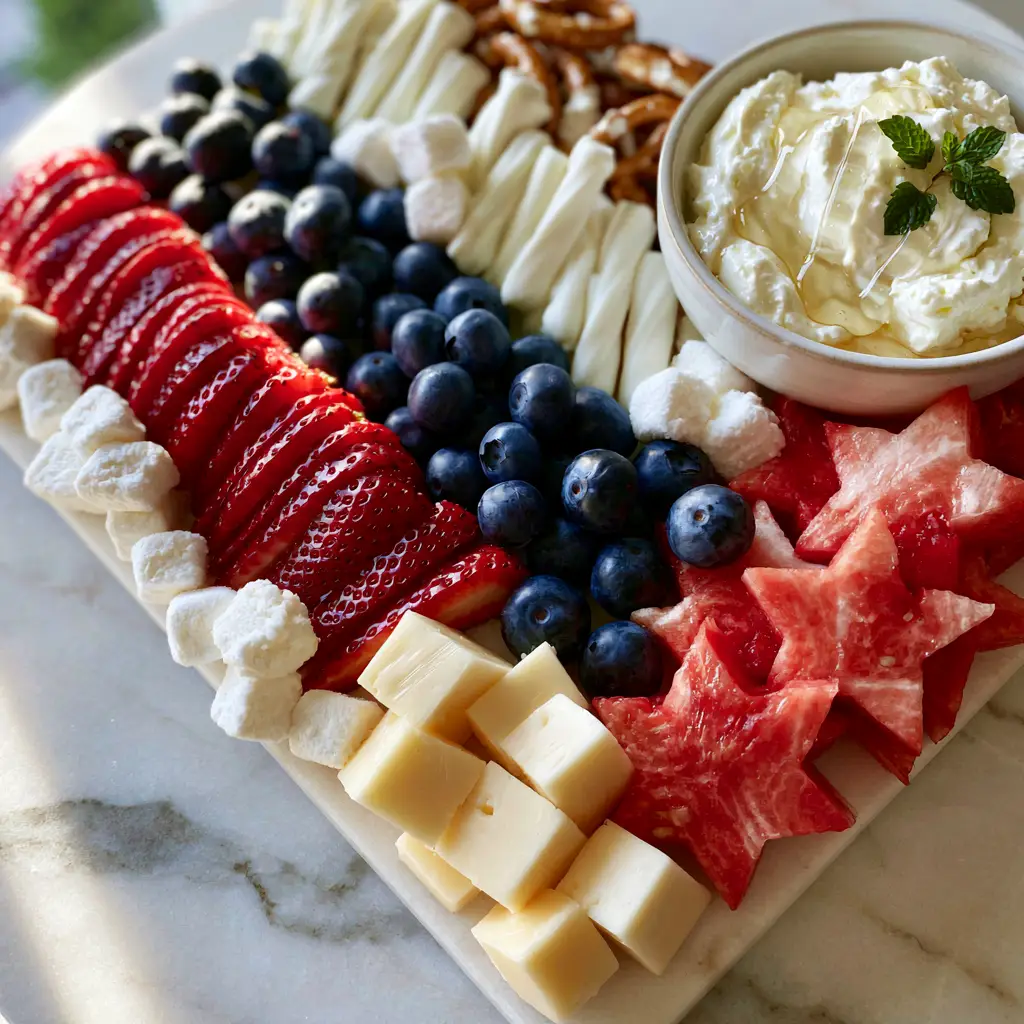 Top-down view of 4th of july food including strawberries, blueberries, and star-shaped watermelon on a marble board. (4th of july food)