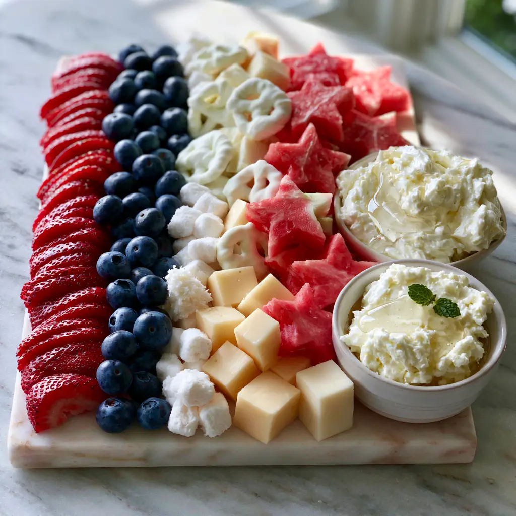 Close-up of whipped feta dip with honey and mint next to yogurt pretzels and fruit. (4th of july food)