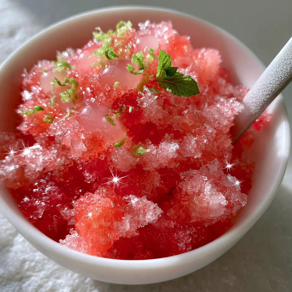 Extreme macro view of ruby red crystalline watermelon ice flakes with lime zest. (watermelon recipes)