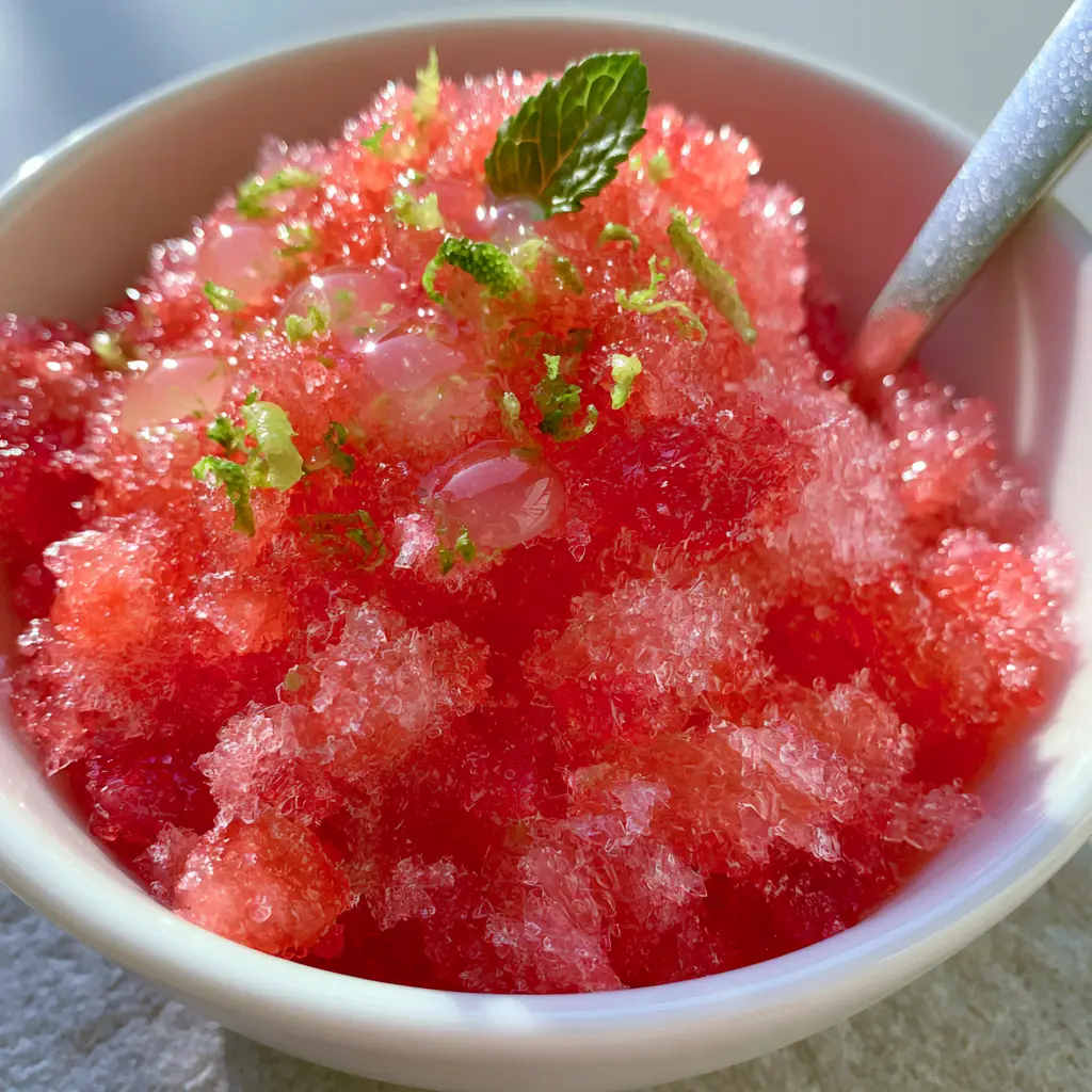 Top-down view of a high mountain of neon pink watermelon ice in a minimalist ceramic bowl.