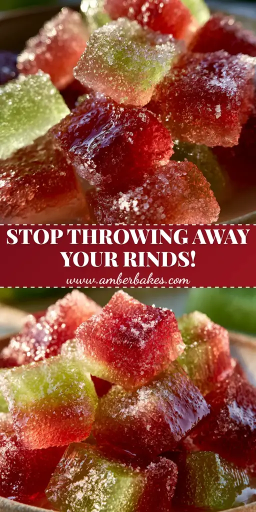 A minimalist ceramic bowl filled with piled Watermelon Rind Jellies, featuring a red to green gradient and sugar coating.