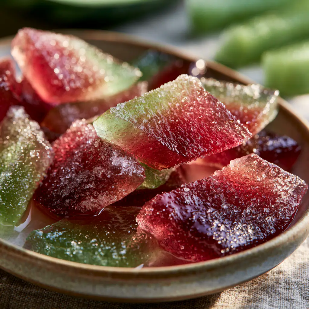 Macro shot of jewel-like Watermelon Rind Jellies with sparkling sugar crystals and a ruby red gradient.
