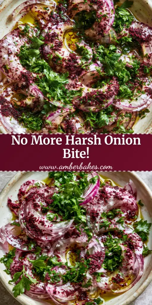 A close-up overhead shot of sumac onion salad in a rustic cream bowl featuring translucent red onion crescents, burgundy sumac powder, and chopped parsley. (sumac onion salad)