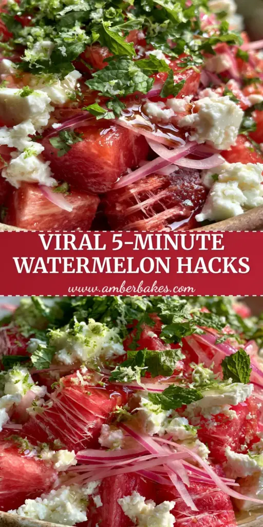 A handheld smartphone photo of a vibrant watermelon feta salad in a rustic ceramic bowl with a honey-lime glaze. (leftover watermelon recipes)