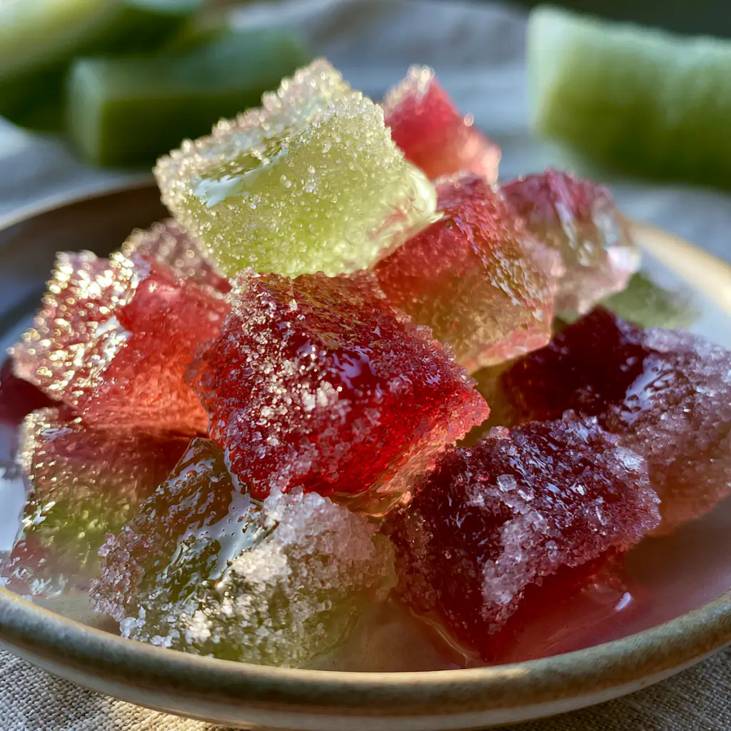Translucent watermelon rind candies showing the lime green to ruby red transition under golden hour light.