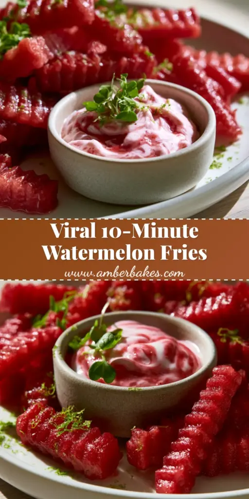 A pile of ruby red crinkle-cut watermelon fries served on a white platter with strawberry yogurt dip.