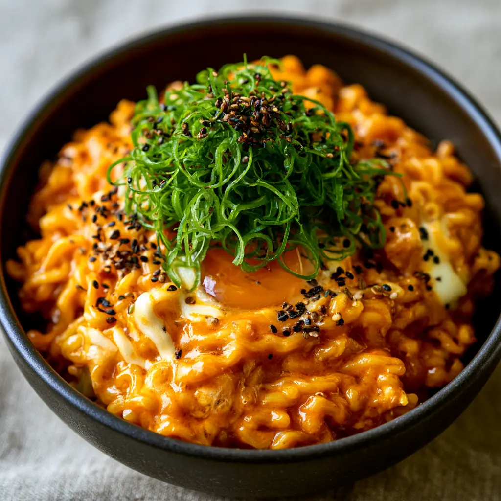 A mountain of fresh green scallions and black sesame seeds on top of creamy spicy Buldak ramen with a jammy egg.