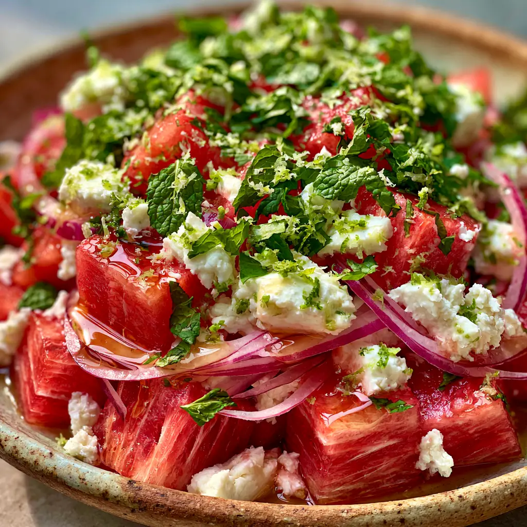 Close up of torn mint leaves and lime zest on a glistening watermelon salad.