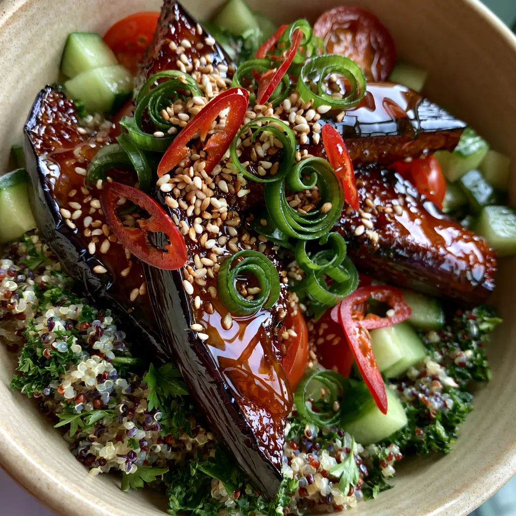 A top-down view of the completed fashionstation bowl with scallion curls and red chili garnish.