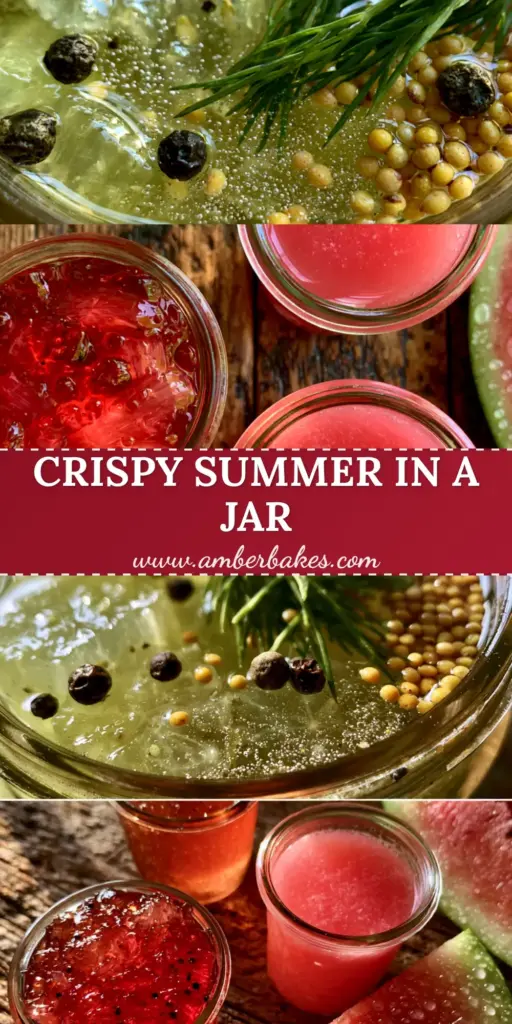 A collage showing glass jars of pickled watermelon rinds with dill and peppercorns, alongside vibrant ruby red jelly and pink watermelon juice on a rustic counter. (watermelon canning recipes)