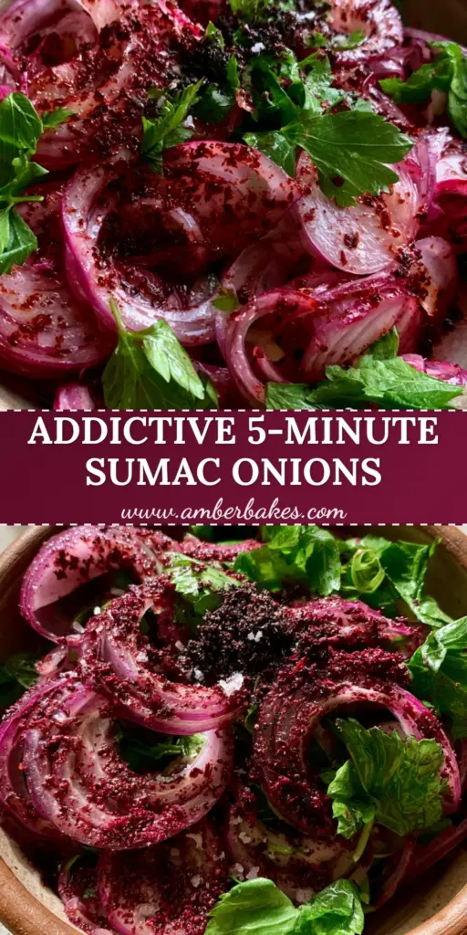 A rustic bowl of Turkish onion salad with paper-thin red onions, ruby-red sumac, and fresh parsley under natural sunlight.