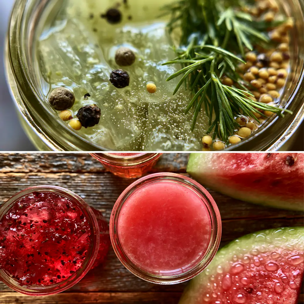 Macro close-up of translucent pale green pickled watermelon rinds in a jar with visible mustard seeds and dill. (watermelon canning recipes)