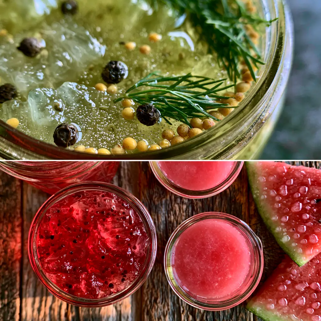 Aesthetic jars of ruby-red watermelon jelly and bright pink juice on a rustic wooden kitchen counter in golden hour light.