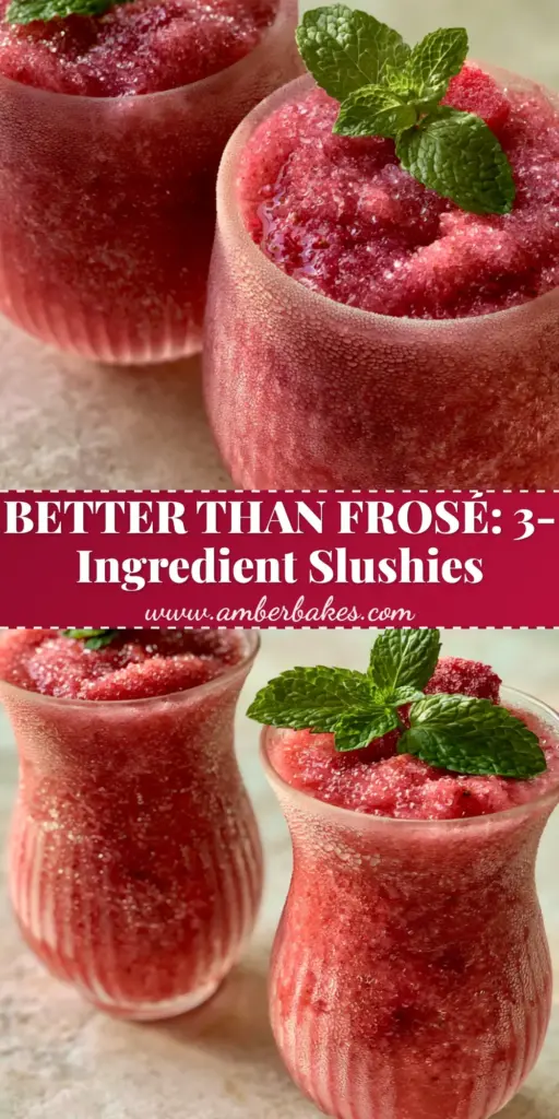 Two elegant frosted ribbed glasses filled with a vibrant pink strawberry rosé slushie, perfect summer cocktails for a garden party.