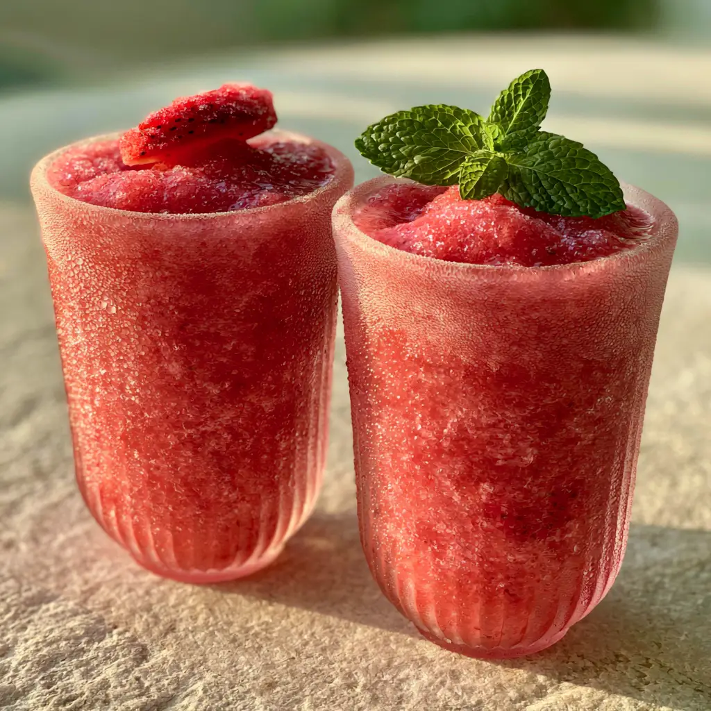 Close up of thick velvety pink frozen wine slushie in frosted glassware with condensation droplets (summer cocktails).