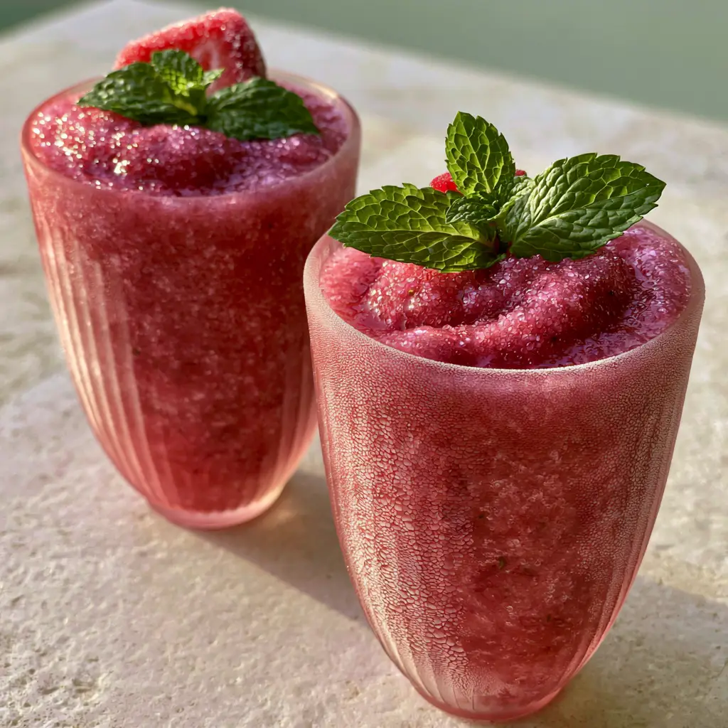 Elegant summer cocktails on a stone tabletop with golden hour lighting and fresh mint garnish.