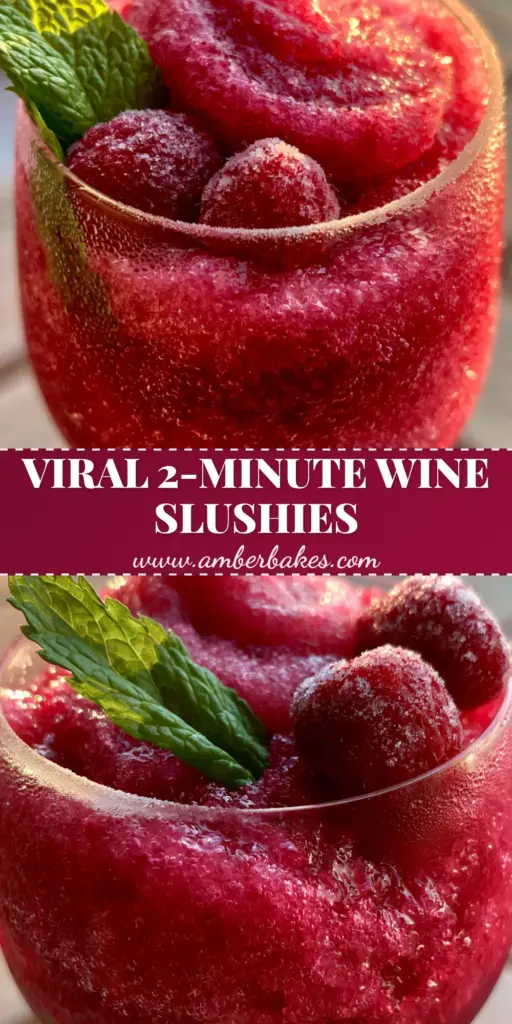 A close-up of a vibrant fuchsia-pink wine slushy with frosted raspberries and mint in a chilled glass. (wine slushies)