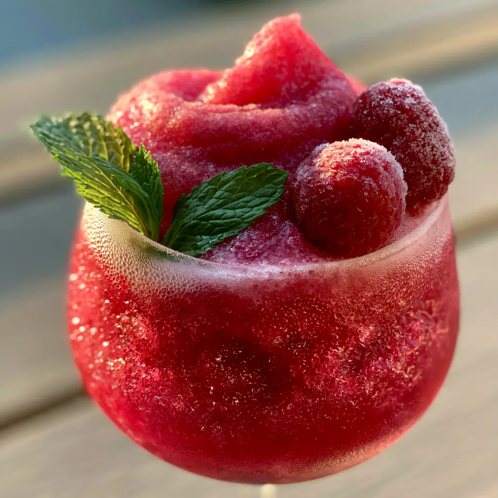 Macro shot showing the velvety micro-ice crystals and fuchsia color of the wine slushies.