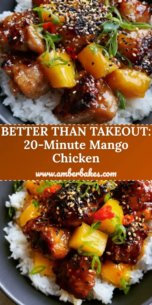 A close-up of sticky honey mango chicken garnished with sesame seeds and chili curls over jasmine rice. (mango dinner recipes)