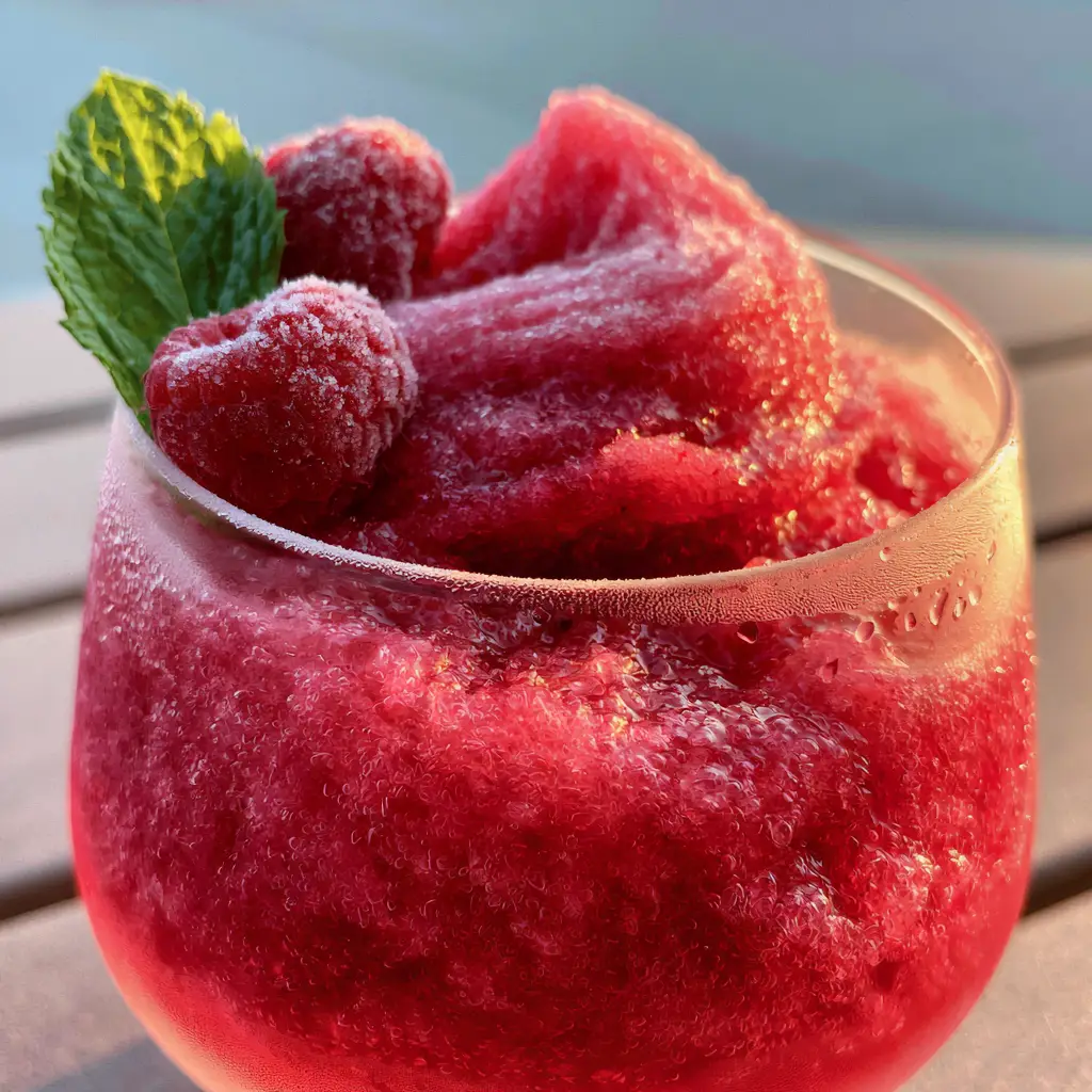 A chilled glass of wine slushies garnished with frosted raspberries and mint against a blurred sunset background.