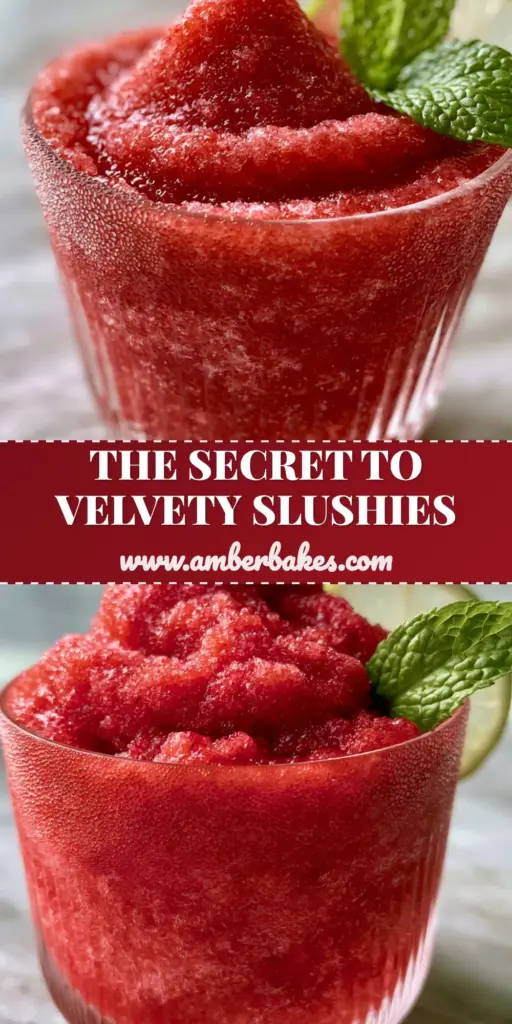 A tall ribbed glass filled with a vibrant red strawberry slushie showing micro-crystal ice and a soft peak garnish. (slushie machine recipes)