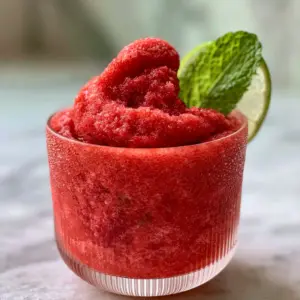 A close-up smartphone photo of a vibrant red strawberry slushie with velvet texture and condensation droplets. (slushie machine recipes)