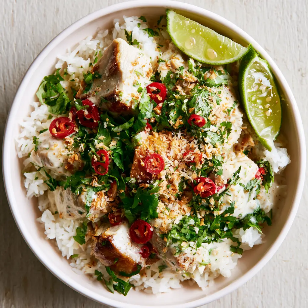 Top down view of a Coconut Chicken Rice Bowl on a light wood surface with natural lighting.