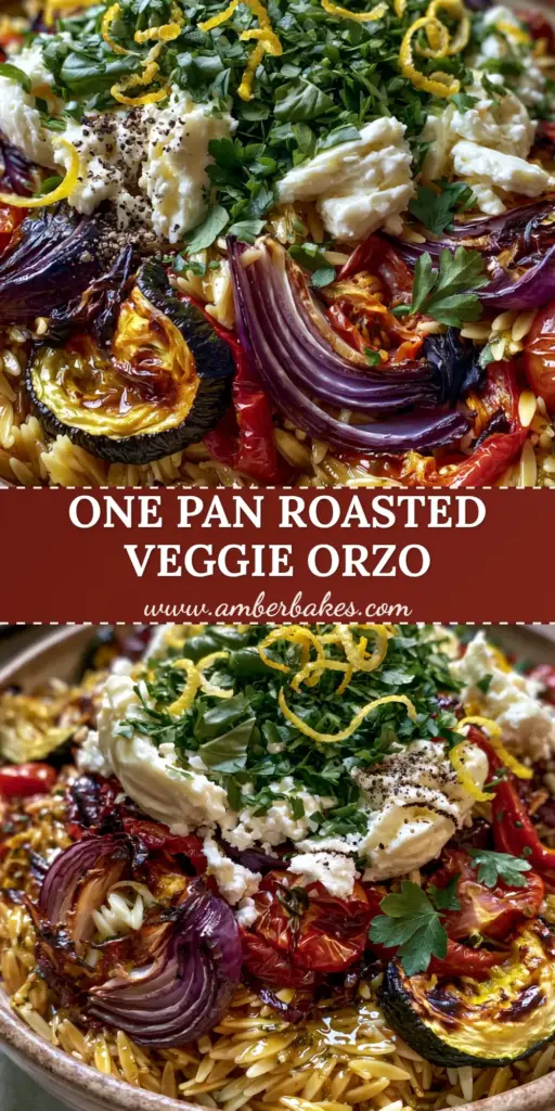 A rustic bowl of roasted vegetable orzo with blistered tomatoes, charred zucchini, and crumbled feta cheese. (roasted vegetable orzo)