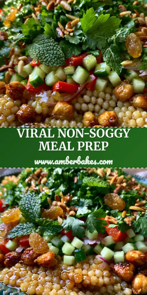 A top-down view of a Moroccan couscous salad in a teal bowl with roasted chickpeas, fresh herbs, and golden raisins.