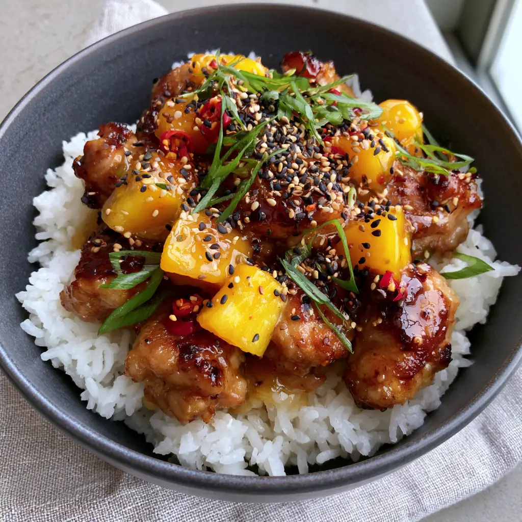 A 45-degree hero shot of glistening honey mango chicken in a dark ceramic bowl on a linen napkin.