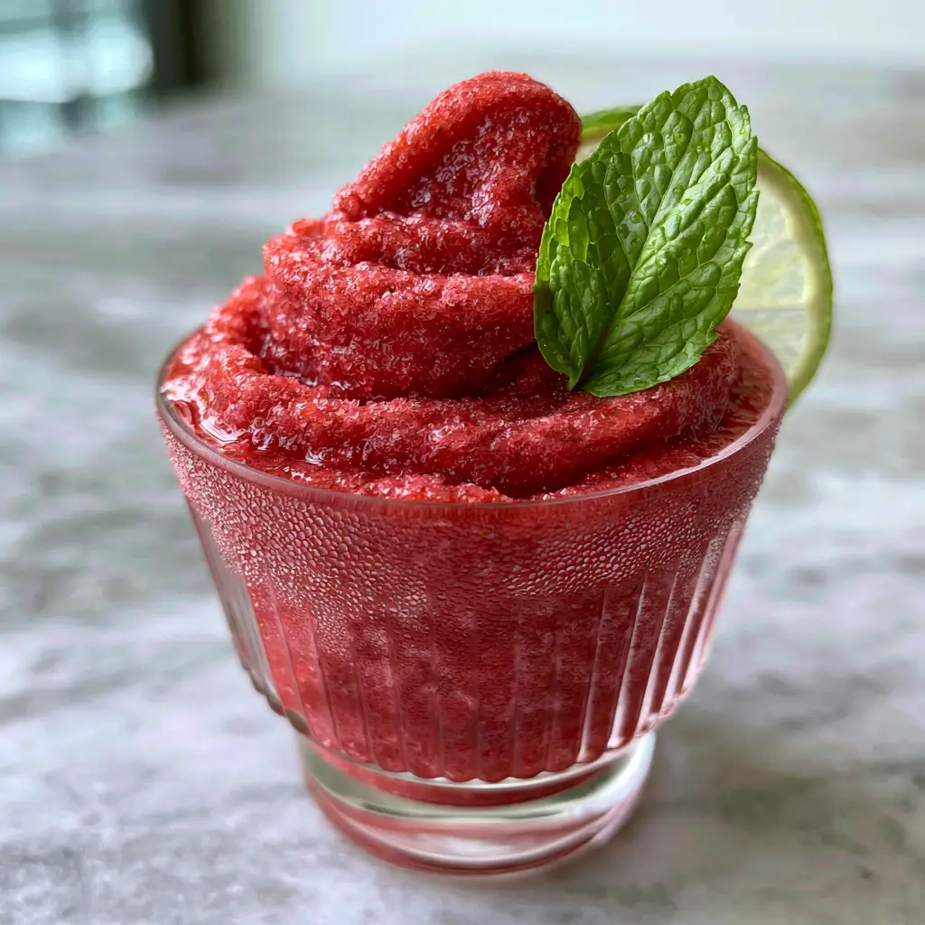 A handheld glass of strawberry slushie featuring a lime garnish and mint leaf in soft morning light. (slushie machine recipes)