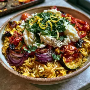 Close up shot of golden-brown orzo mixed with charred zucchini and blistered tomatoes. (roasted vegetable orzo)