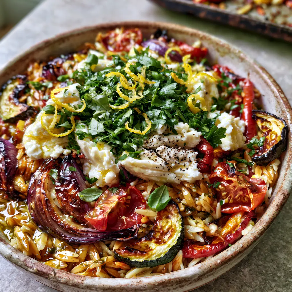 A top-down view of the completed roasted vegetable orzo in a ceramic bowl with herbs and lemon zest.