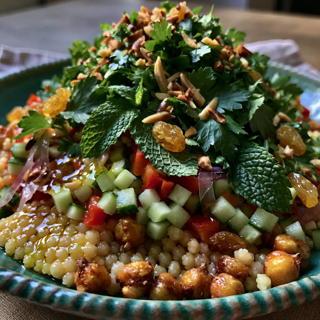 A handheld smartphone photo of Moroccan couscous salad with a mountain of fresh herbs and toasted almonds.