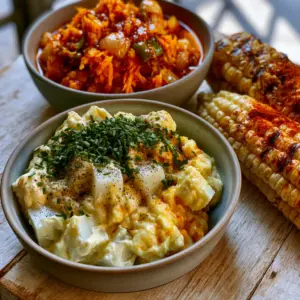 Macro detail of chunky chakalaka in spiced red oil next to creamy potato salad with chives. (braai salads and sides)