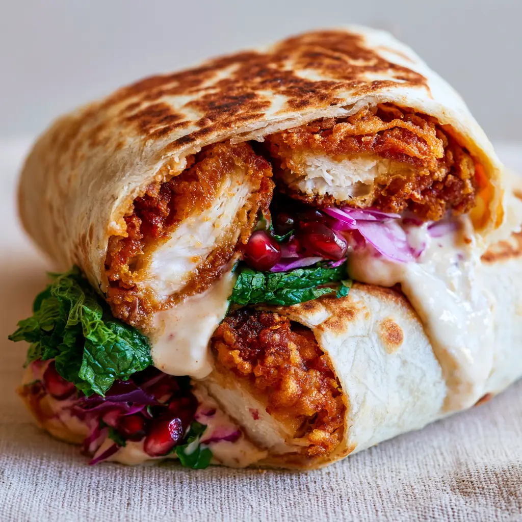 A cross-section of a gourmet stuffed flatbread with purple radishes and mint. (Ramadan recipes)