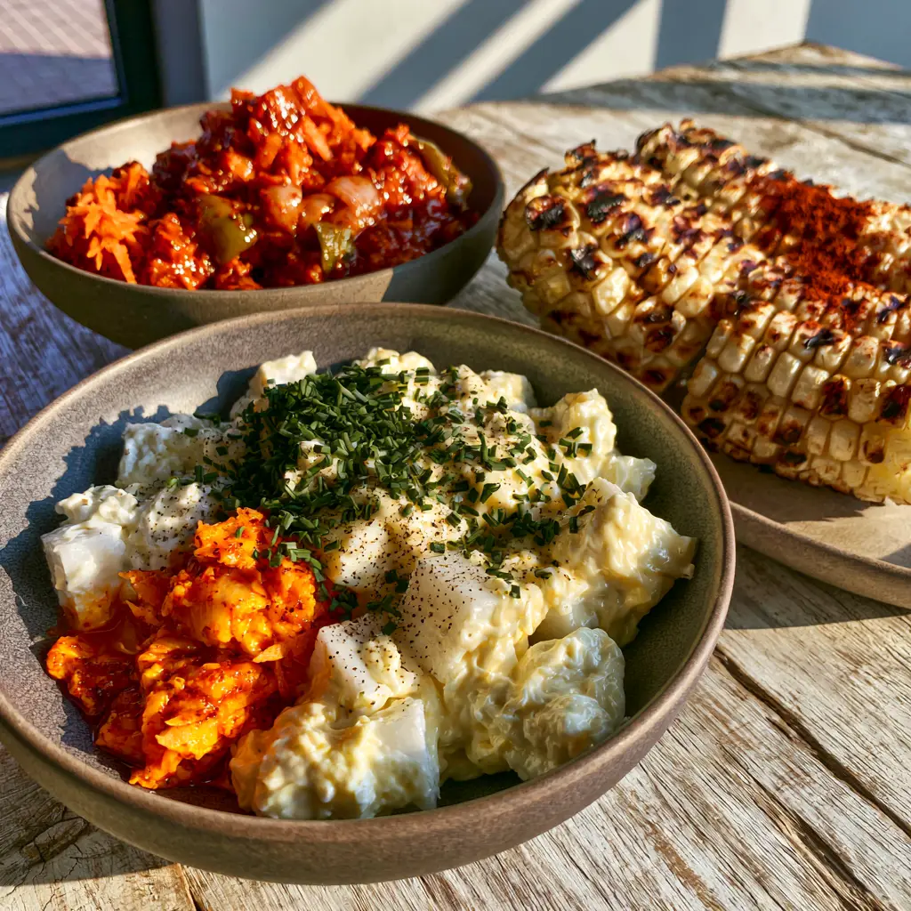 Charred corn ribs with smoked paprika and parsley served in a matte stoneware bowl. (braai salads and sides)