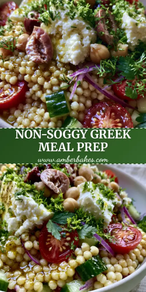 A handheld smartphone photo of a vibrant Greek Couscous Salad in a matte white ceramic bowl, showcasing glossy pearl grains and fresh vegetables.