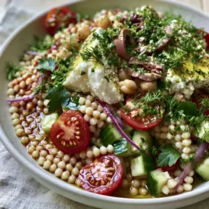 Ultra-close-up of Greek Couscous Salad highlighting glossy pearl grains, halved cherry tomatoes with juicy seeds, and emerald cucumber cubes.