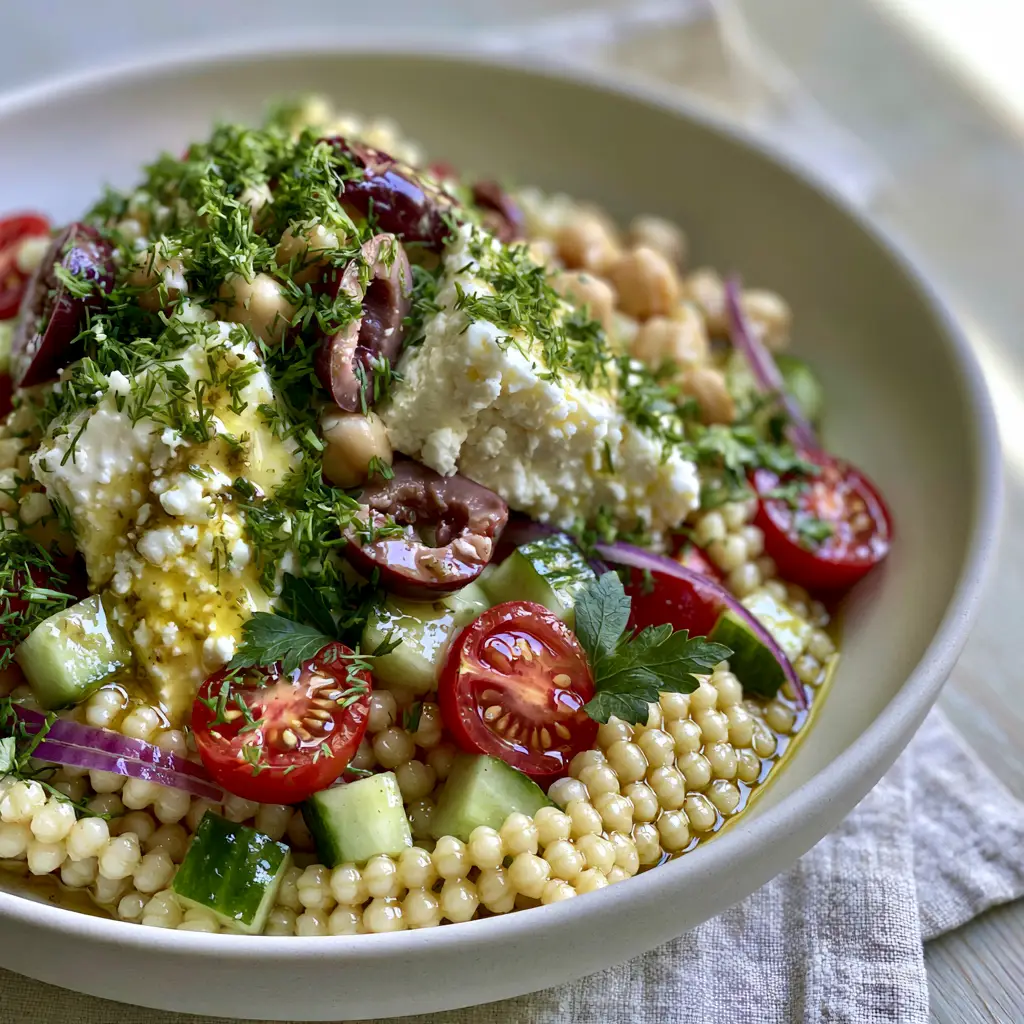 Greek Couscous Salad in a white bowl with large chunks of feta, purple red onion slivers, and neon-green dill garnish.