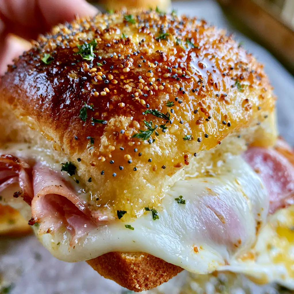 A sheet pan of hot roll sandwiches with deeply golden-brown crusts and green parsley flakes.