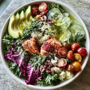Overhead view of poached salmon chunks with lemon-herb crema, avocado, and cucumbers—one of our favorite summer dinner recipes.
