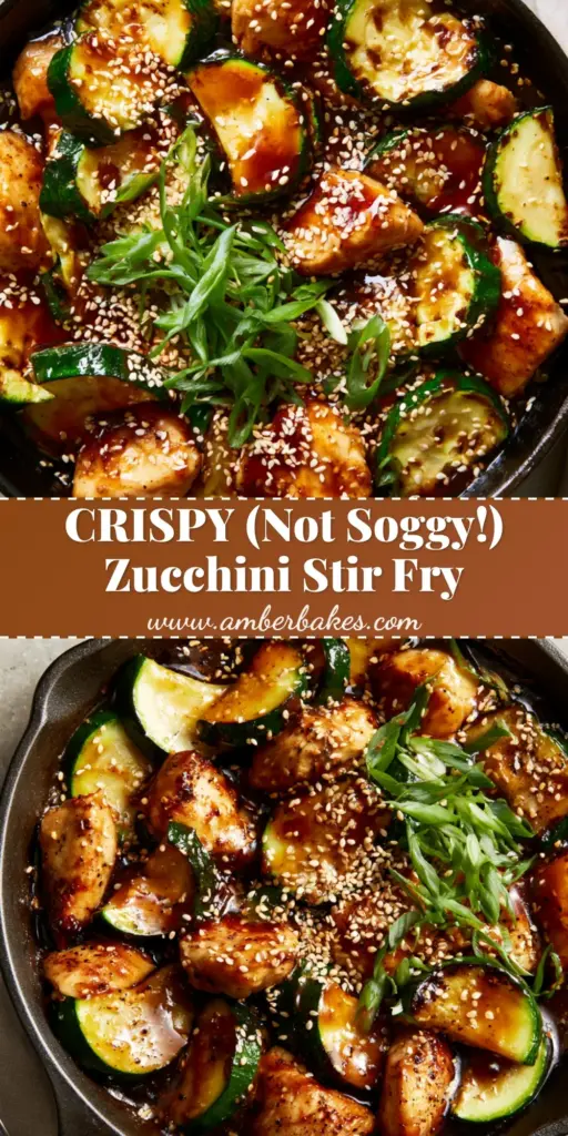 A top-down 45-degree angle shot of a sizzling cast iron skillet filled with Chicken Zucchini Stir Fry, featuring golden chicken, charred zucchini half-moons, and a glossy dark amber glaze garnished with sesame seeds.