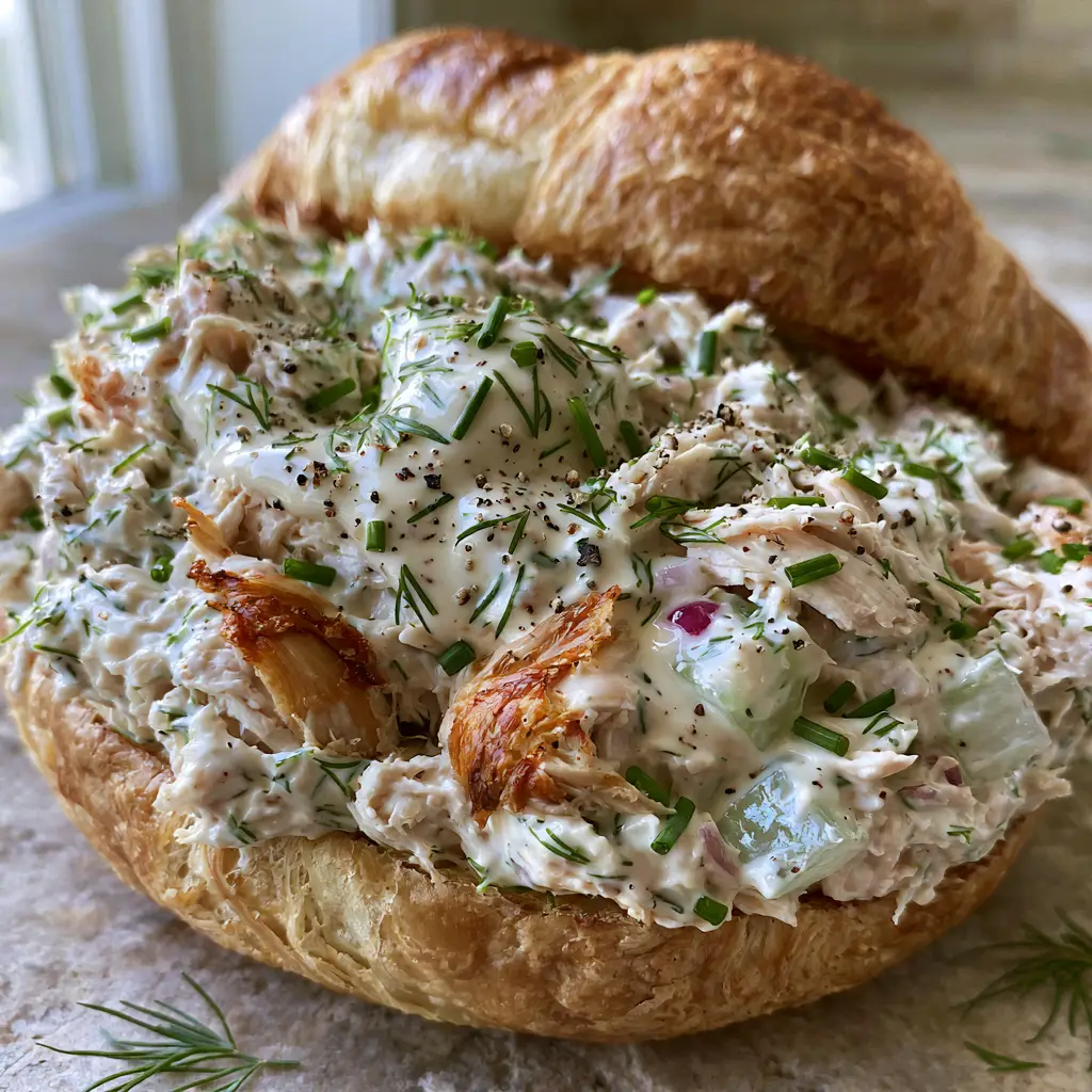 A 45-degree angle shot of a gourmet chicken salad sandwich showing the glossy ivory dressing and emerald herbs. (chicken salad recipe)