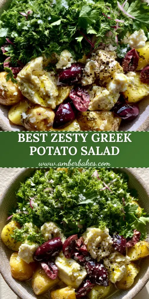 A vibrant Greek potato salad with gold potatoes, feta crumbles, kalamata olives, and fresh herbs in a stoneware bowl.